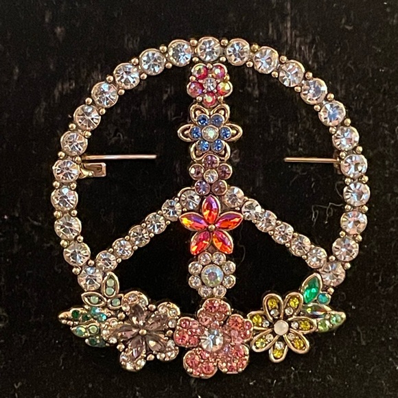 Rhinestone PEACE SIGN Brooch Crystal Flowers Peace Flower Power Sparkling - Picture 2 of 6